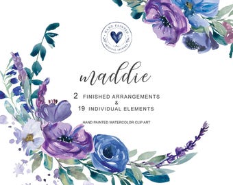 Könnte beinhalten: Eine Sammlung handgemalter Aquarell-Blumen-Cliparts mit blauen und violetten Blüten sowie grünem Blattwerk. Der Text lautet: maddie, 2 FINISHED ARRANGEMENTS & 19 INDIVIDUAL ELEMENTS, HAND PAINTED WATERCOLOR CLIP ART, sowie ein Herz-Logo.