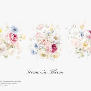 May include: Three watercolor paintings of bouquets of pink, white, and blue flowers. The text "Romantic Bloom" is below the images.