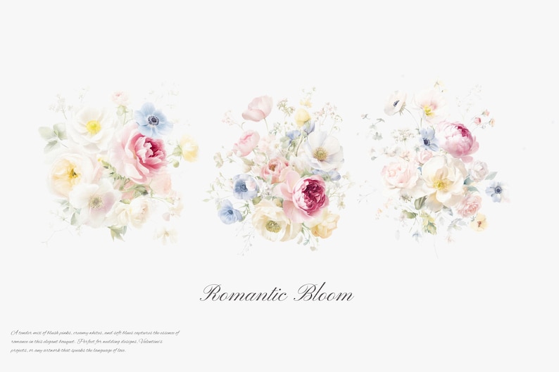 May include: Three watercolor paintings of bouquets of pink, white, and blue flowers. The text "Romantic Bloom" is below the images.