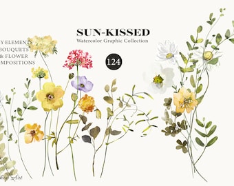meadow flowers watercolor clipart, sun kissed floral bouquet illustrations, rustic wildflower accents for wedding stationery & digital craft