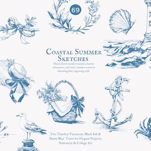 May include: A set of 69 hand-drawn illustrations in a blue and white color scheme. The illustrations depict various coastal summer themes, including seashells, a lighthouse, an anchor, a crab, a seagull, a basket of flowers, a hat, sandals, and beach grass.