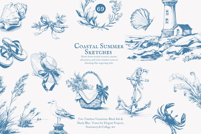 May include: A set of 69 hand-drawn illustrations in a blue and white color scheme. The illustrations depict various coastal summer themes, including seashells, a lighthouse, an anchor, a crab, a seagull, a basket of flowers, a hat, sandals, and beach grass.