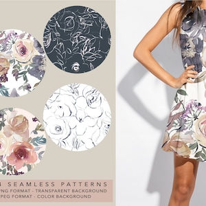 May include: Four seamless floral patterns in different styles. The patterns feature watercolor flowers in shades of pink, purple, and brown, as well as black and white line drawings. The patterns are perfect for creating unique and stylish designs for fabrics, wallpaper, and other projects.