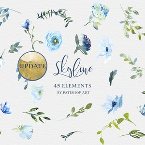 flores azuis - rosas hortênsias - clipart floral - flores em aquarela - decoração elegante - papelaria para casamento - artesanato digital - projeto de branding