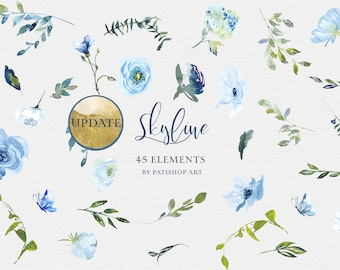 blue flowers - hydrangea roses - floral clipart - watercolor blooms - elegant decor - wedding stationery - digital crafts - branding project