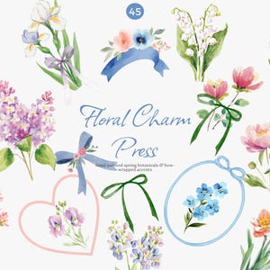 May include: Watercolour illustrations of spring flowers, such as tulips, irises, and lilacs, with green leaves and ribbons. The text "Floral Charm Press" is displayed in cursive script, with additional text below.