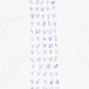 Puede incluir: Un fondo blanco con numerosas ilustraciones florales azules. La imagen presenta diversos dibujos bot&aacute;nicos, incluyendo flores y hojas. El n&uacute;mero "70" est&aacute; en un c&iacute;rculo azul en la parte superior. El texto en la parte inferior dice "captures the quiet blue ink lines."