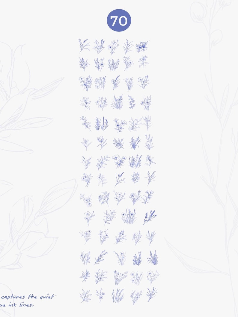 Puede incluir: Un fondo blanco con numerosas ilustraciones florales azules. La imagen presenta diversos dibujos bot&aacute;nicos, incluyendo flores y hojas. El n&uacute;mero "70" est&aacute; en un c&iacute;rculo azul en la parte superior. El texto en la parte inferior dice "captures the quiet blue ink lines."