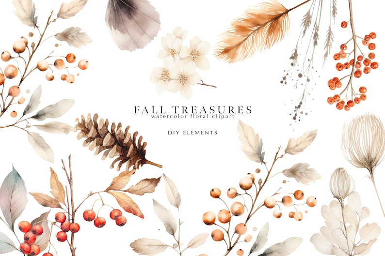 May include: Watercolor clipart set featuring fall foliage, berries, feathers, and a pine cone. The set is titled "Fall Treasures Watercolor Floral Clipart DIY Elements".
