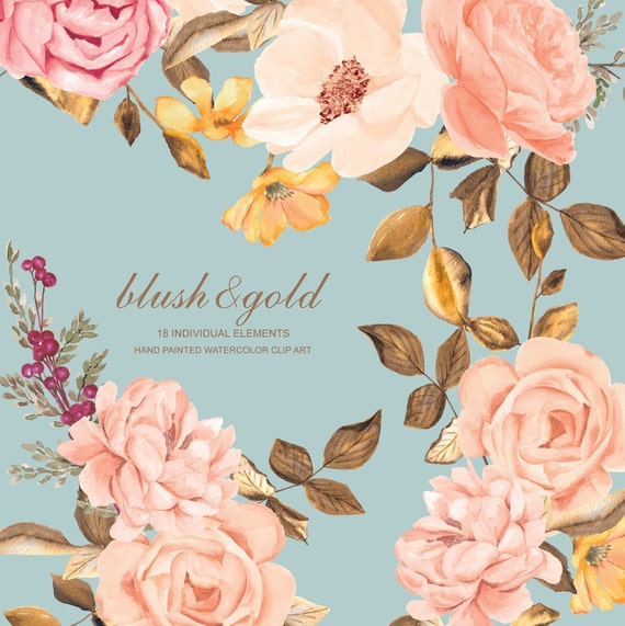 watercolor flower clipart - pink blush gold watercolour clip art - free commercial use - wedding DIY elements clipart - aquarelle line art