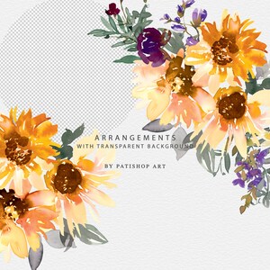 May include: Watercolor floral arrangements featuring sunflowers, purple wildflowers, and green leaves. The text reads "ARRANGEMENTS WITH TRANSPARENT BACKGROUND" and "BY PATISHOP ART". The flowers are painted in shades of yellow, orange, and brown.