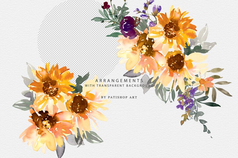 May include: Watercolor floral arrangements featuring sunflowers, purple wildflowers, and green leaves. The text reads "ARRANGEMENTS WITH TRANSPARENT BACKGROUND" and "BY PATISHOP ART". The flowers are painted in shades of yellow, orange, and brown.