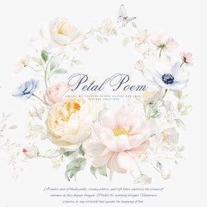 Peut inclure: Illustration florale &agrave; l'aquarelle avec le texte "Petal Poem". L'image pr&eacute;sente diverses fleurs aux couleurs pastel douces, notamment des roses et des an&eacute;mones, dispos&eacute;es en cercle avec un papillon.