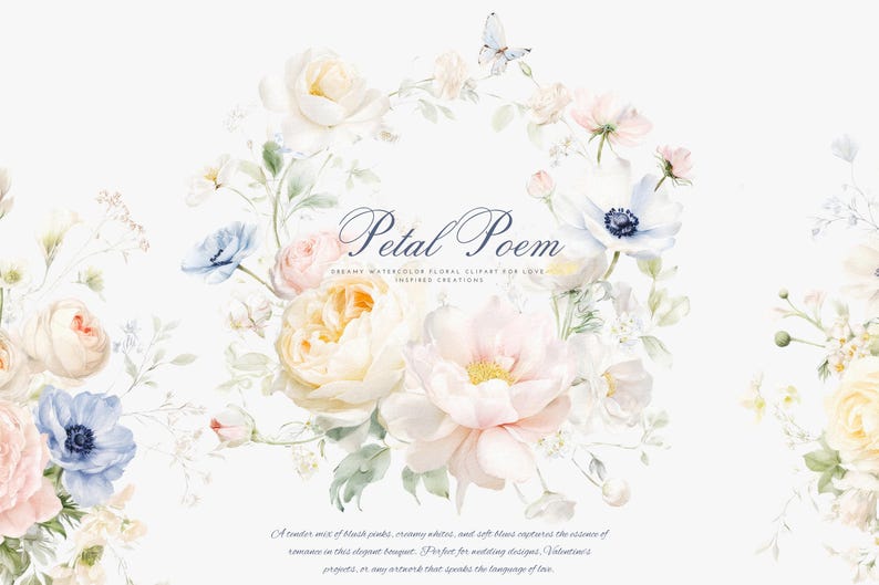 Peut inclure: Illustration florale &agrave; l'aquarelle avec le texte "Petal Poem". L'image pr&eacute;sente diverses fleurs aux couleurs pastel douces, notamment des roses et des an&eacute;mones, dispos&eacute;es en cercle avec un papillon.