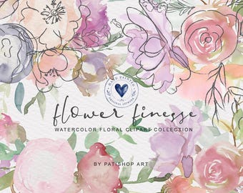 pastel watercolor floral clipart png, soft pink purple peach flower frames and bouquets, romantic wedding stationery and spring design set