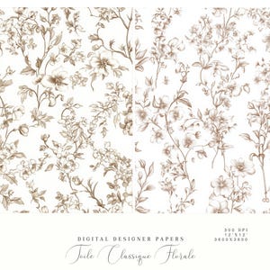 May include: Two digital paper designs featuring a brown floral pattern on a white background. The text "Toile Classique Florale" is at the bottom of the image. The text "300 DPI, 12"x12", 3600x3600" is also at the bottom of the image.