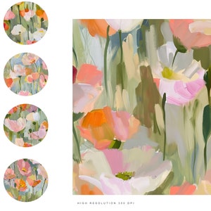 May include: An abstract floral painting with close-up of flowers in pink, orange, and white against a green and blue background. Six circular designs with floral patterns are included. The text "HIGH RESOLUTION 300 DPI" is visible.