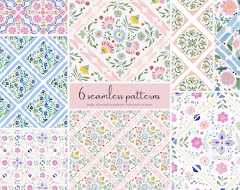 folk floral seamless patterns bundle, hand painted tile florals, scandinavian folk art designs, digital paper for fabric wallpaper nursery