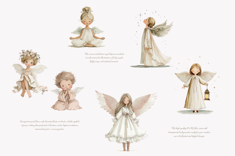 May include: Watercolor illustrations of angels in various poses. The angels are depicted with soft, fluffy wings and wearing white and beige dresses. The image includes text describing the illustrations as suitable for digital designs.