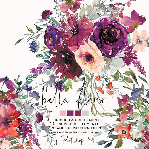 Purple Burgundy Flowers Clipart Bouquets Individual Elements Seamless Patterns Marsala Wedding Bella Fleur