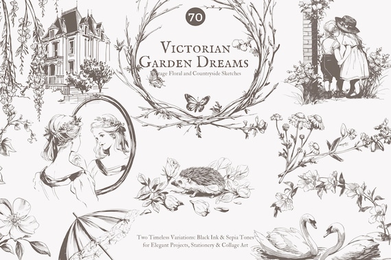 vintage clipart - victorian sketch - botanical illustration - floral wreath -countryside drawing - garden nature sketches - floral frame png