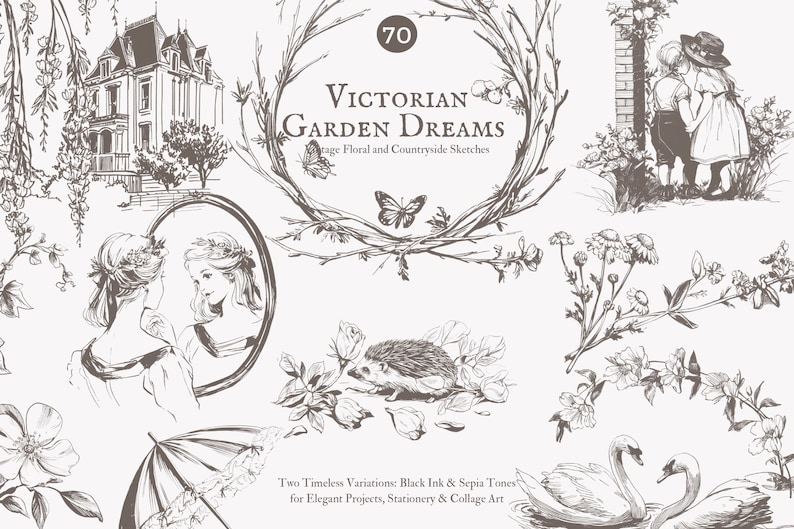 Puede incluir: Un conjunto de 70 ilustraciones de estilo vintage con escenas florales y campestres. Las ilustraciones son en blanco y negro e incluyen una variedad de elementos como flores, p&aacute;jaros, animales y personas. Las ilustraciones son perfectas para agregar un toque de encanto vintage a cualquier proyecto.