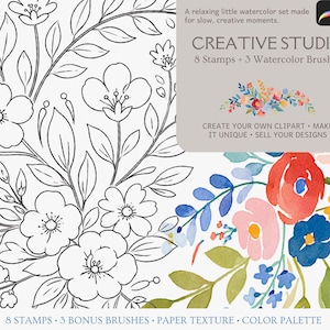 Könnte beinhalten: Ein digitales Kunstset mit schwarz-weißen Blumen-Linienzeichnungen auf der linken Seite und einem farbenfrohen Aquarell-Blumenarrangement auf der rechten Seite. Ein graues Textfeld zeigt Creative Studio, 8 Stamps + 3 Watercolor Brushes.