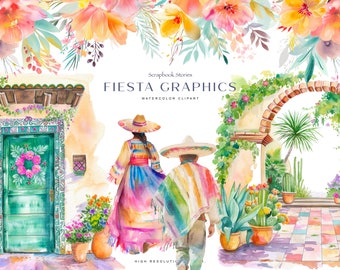Mexicaanse fiesta aquarel clipart png, kleurrijke dansers illustraties cactus en bloemenboog, quinceañera en cinco de mayo partij ontwerpset