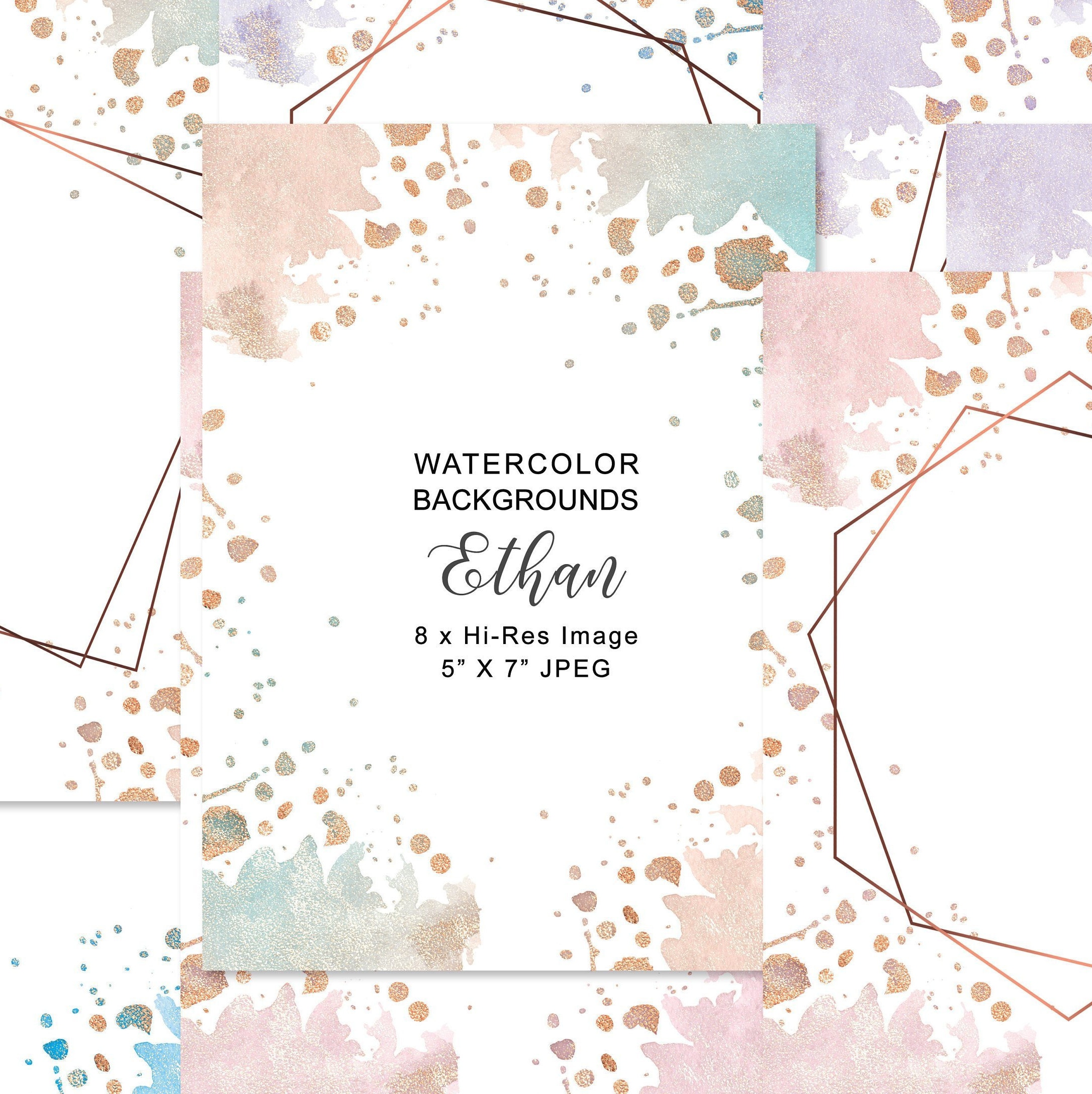 Ethan* Blush and Gold Watercolor Splashes Backdrop Geometric Frames  …