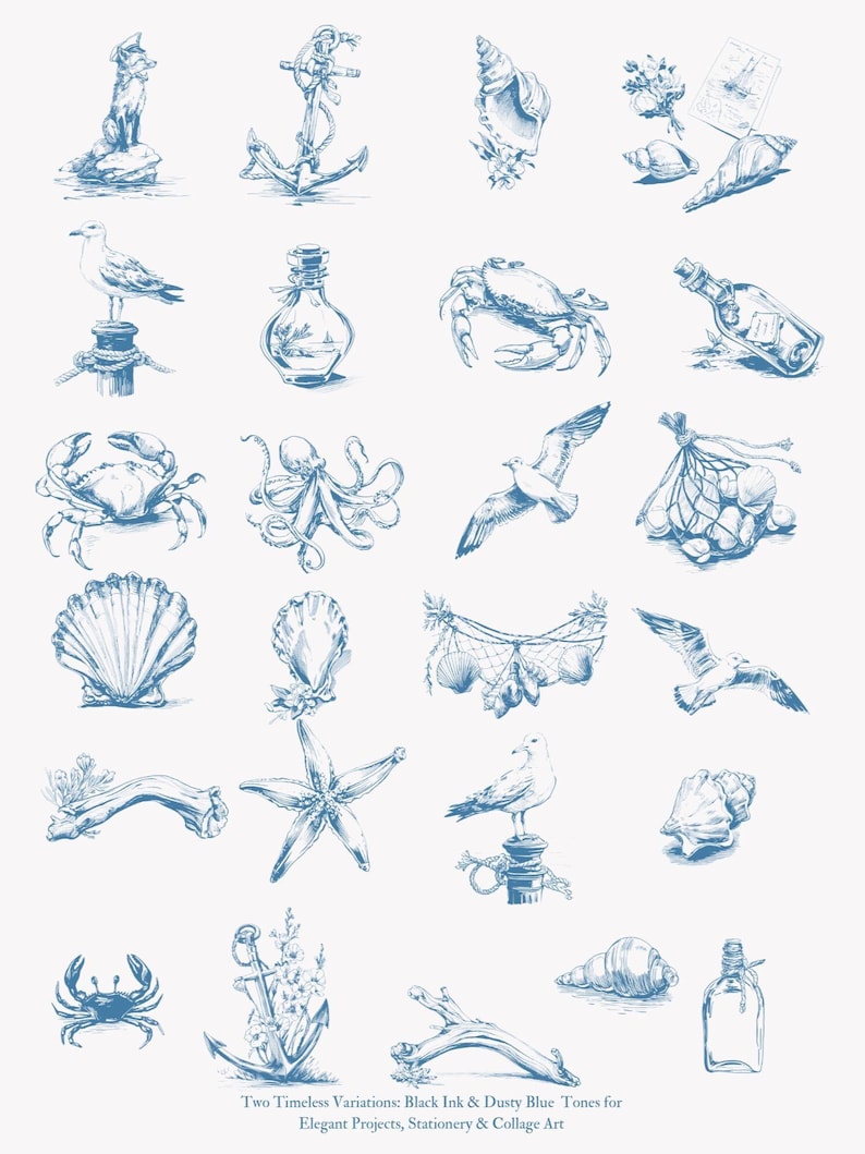 May include: A collection of 20 hand-drawn illustrations in blue ink featuring nautical and beach themes. The illustrations include a crab, a seagull, a starfish, a seashell, an anchor, a bottle, a net, and a driftwood piece.