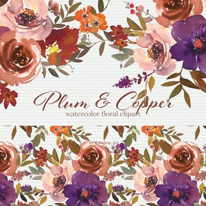 Pflaume Blumen - Kupfer Blumen - Aquarell Clipart - Lila Blüten - Orange Blütenblätter - Nahtlose Muster - Blumensträuße - DIY Elemente