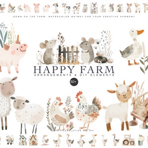 Bundle de cliparts aquarelle animaux de la ferme clipart chambre d'enfant oie png clipart souris mignonne clipart vaches mignonnes ensemble d'animaux de la ferme poulet image 1