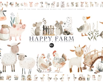 Bundle de cliparts aquarelle animaux de la ferme - clipart chambre d'enfant - oie png - clipart souris mignonne - clipart vaches mignonnes - ensemble d'animaux de la ferme - poulet