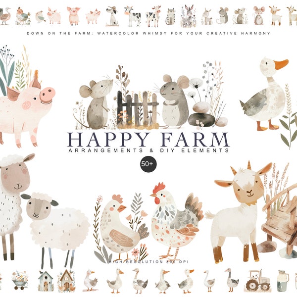 akwarela Farm Animal clipart Package-przedszkole clipart-gęś PNG-cute Mouse clipart-Słodkie krowy clipart-zestaw zwierząt gospodarskich-kurczak