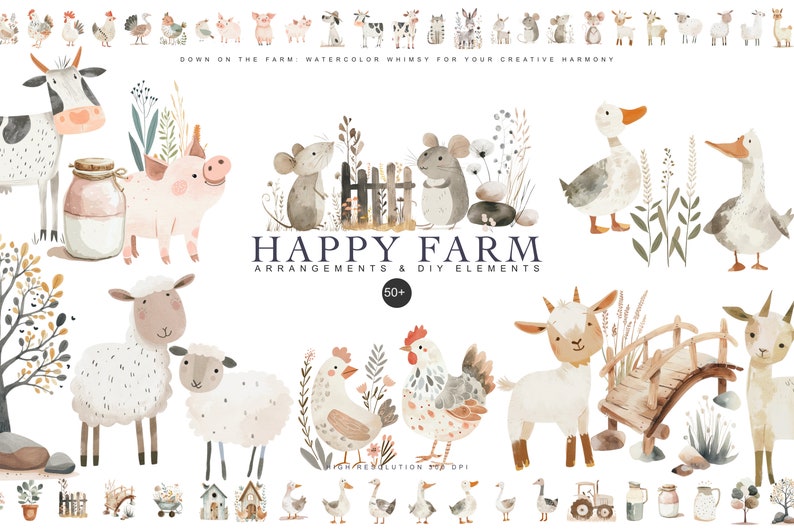 Watercolor Farm Animal Clipart Bundle - Nursery Clipart - Goose Png ...