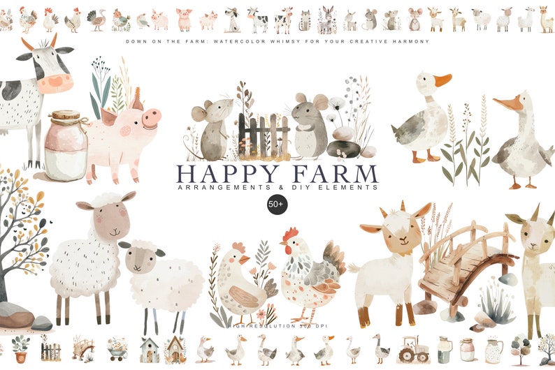 Bundle de cliparts aquarelle animaux de la ferme clipart chambre d'enfant oie png clipart souris mignonne clipart vaches mignonnes ensemble d'animaux de la ferme poulet image 1