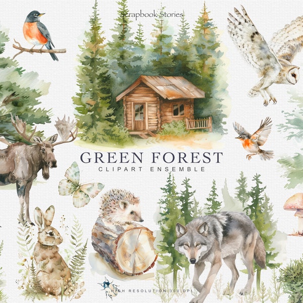 watercolor green forest clipart set - woodland graphics - watercolor moose - wolf clipart - watercolor woodland animals -  hedgehog clipart