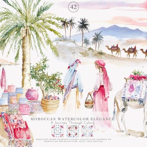 May include: Watercolor illustration depicting a Moroccan scene with camels, figures, and a market. The artwork features a warm color palette with pinks, blues, and yellows. The text "Moroccan Watercolor Elegance" is visible.
