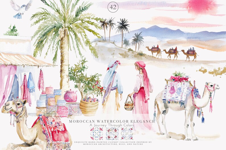 May include: Watercolor illustration depicting a Moroccan scene with camels, figures, and a market. The artwork features a warm color palette with pinks, blues, and yellows. The text "Moroccan Watercolor Elegance" is visible.