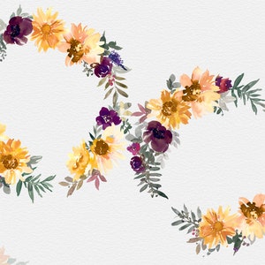 May include: Watercolor floral wreath design featuring yellow sunflowers, purple and burgundy flowers, and green leaves. The arrangement is in the shape of an infinity symbol, perfect for wedding invitations, wall art, or other creative projects.