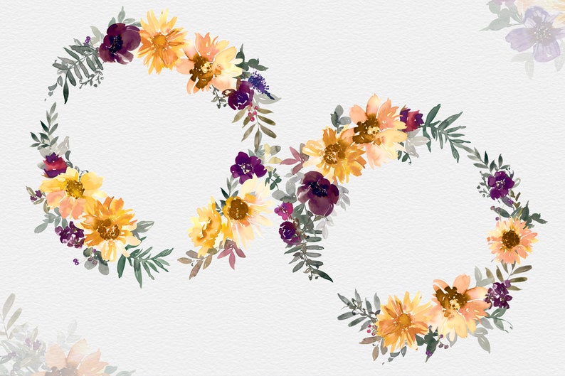May include: Watercolor floral wreath design featuring yellow sunflowers, purple and burgundy flowers, and green leaves. The arrangement is in the shape of an infinity symbol, perfect for wedding invitations, wall art, or other creative projects.