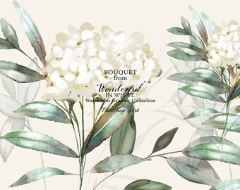 watercolor white hydrangea clipart - floral bouquet - watercolor greenery clipartBouquet  - wedding flowers - romantic design -floral design