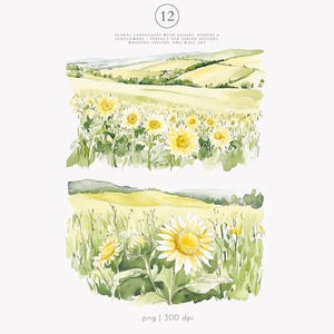 May include: Watercolor painting of a field of sunflowers in a rural landscape. The sunflowers are yellow and green, and the field is surrounded by rolling hills. The painting is in a soft, muted color palette.
