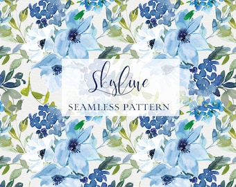 Watercolor Blue Flowers, Blue Sky Flowers Seamless Pattern, Seamless Pattern, Digital Paper, Watercolor Blue Flowers, Repeatable Pattern