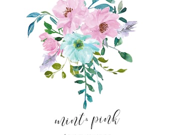 watercolor mint flowers clipart - pink watercolor roses - flower clipart - hand painted flowers - wedding preppy  - wild cottage flowers