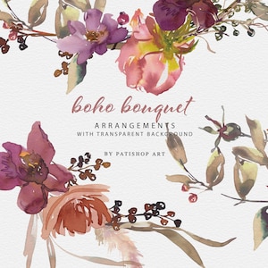 watercolor bouquet clipart - boho floral clipart - watercolor autumn clipart - berries clipart - watercolor wildflowers - digital clipart
