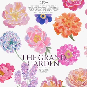 Akvarell blommig clipart-paket, Grand Millennial-blommor, handmålade trädgårdsblommor, pastellfärgade bröllopsblommor, botanisk png-uppsättning