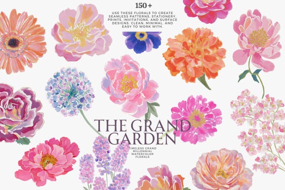 watercolor floral clipart bundle, grand millennial flowers, hand painted garden blooms, pastel wedding florals, botanical png  set