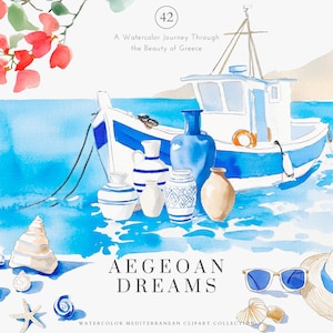 Puede incluir: Ilustración en acuarela con un barco blanco y azul, jarrones azules, conchas marinas y un sombrero de paja con cinta azul. Se muestra el texto "AEGEAN DREAMS". La imagen evoca un tema mediterráneo.