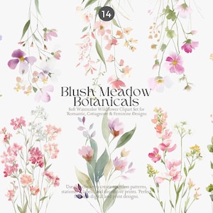 Peut inclure: Ensemble de cliparts aquarelle avec des fleurs sauvages et du feuillage aux tons blush. L'image comprend divers arrangements floraux avec des fleurs roses, violettes et jaunes, parfaits pour les designs romantiques et féminins. Le texte indique "Blush Meadow Botanicals".
